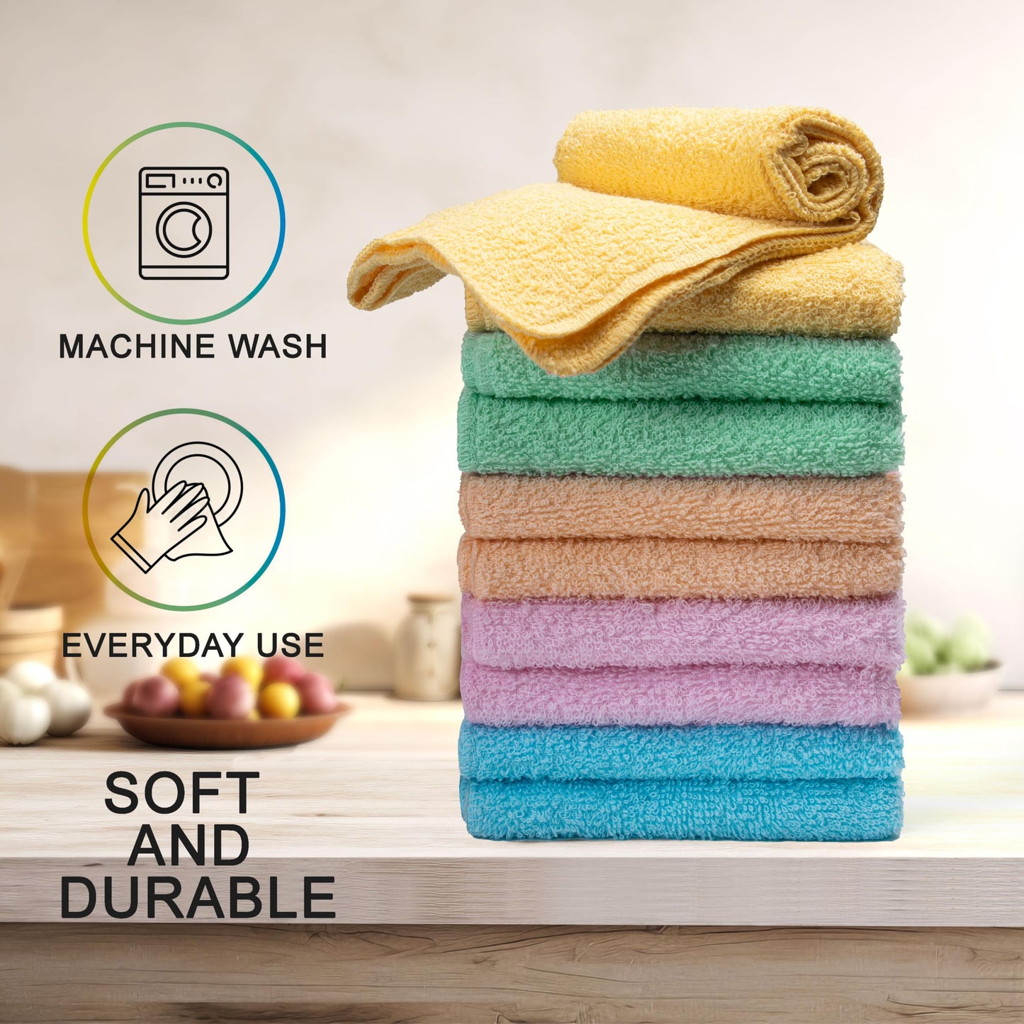 Textila Terry Washcloths – 12x12 Inches – Pack of 10 – Multicolor – Highly Absorbent, Soft Feel and Multipurpose Cotton Wash Cloths for Everyday Use