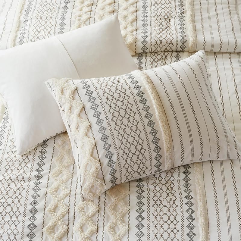 Imani King/Cal King Comforter Set for Bed – Ivory 3pc Cotton Chenille Tufted Boho, All-Season