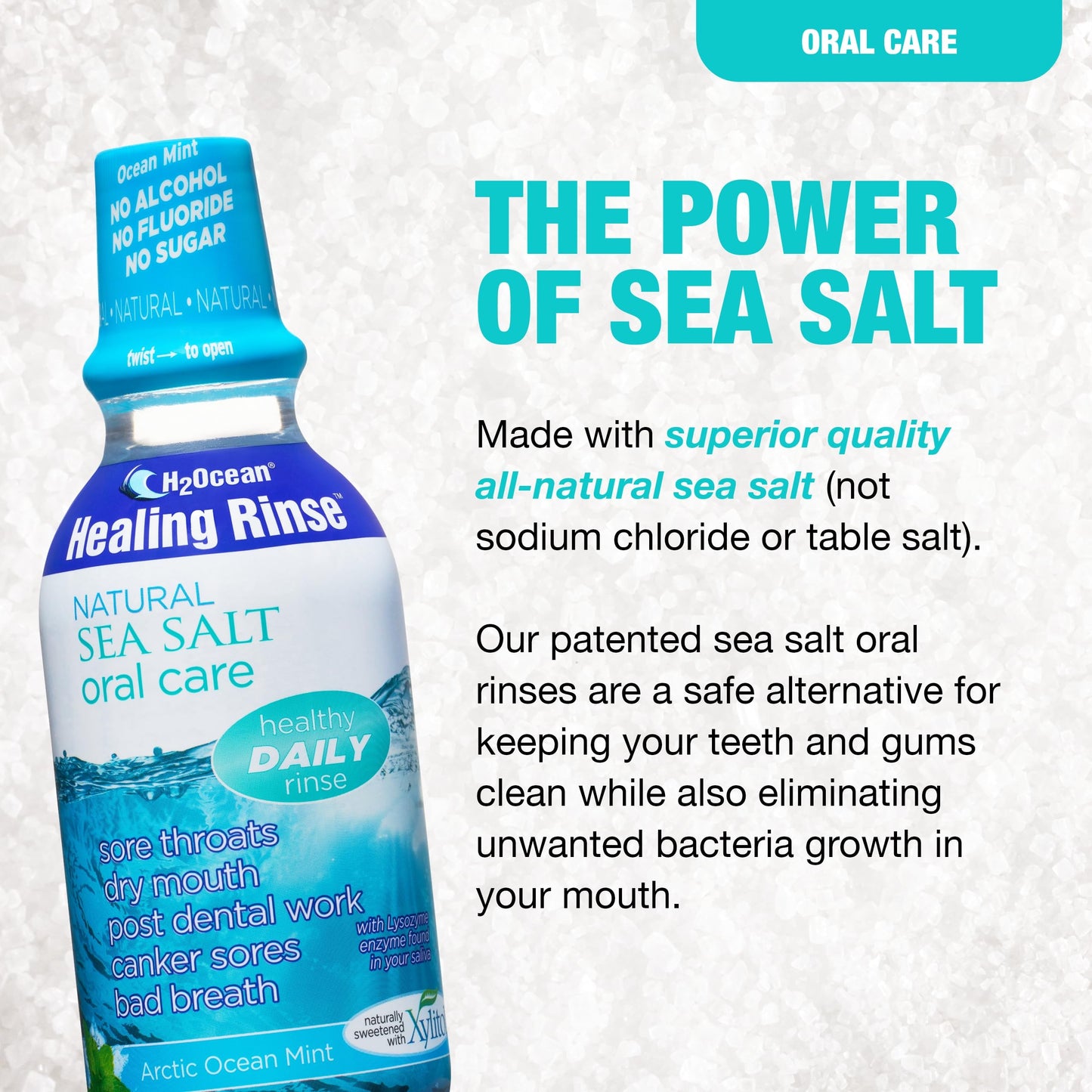 H2Ocean Healing Rinse Natural Sea Salt Oral Care - Mouth Rinse for Oral Care - Great for Piercings, Sore Throats & Gum Health - Alcohol- & Fluoride-Free Mouthwash - Arctic Ocean Mint, 16 oz