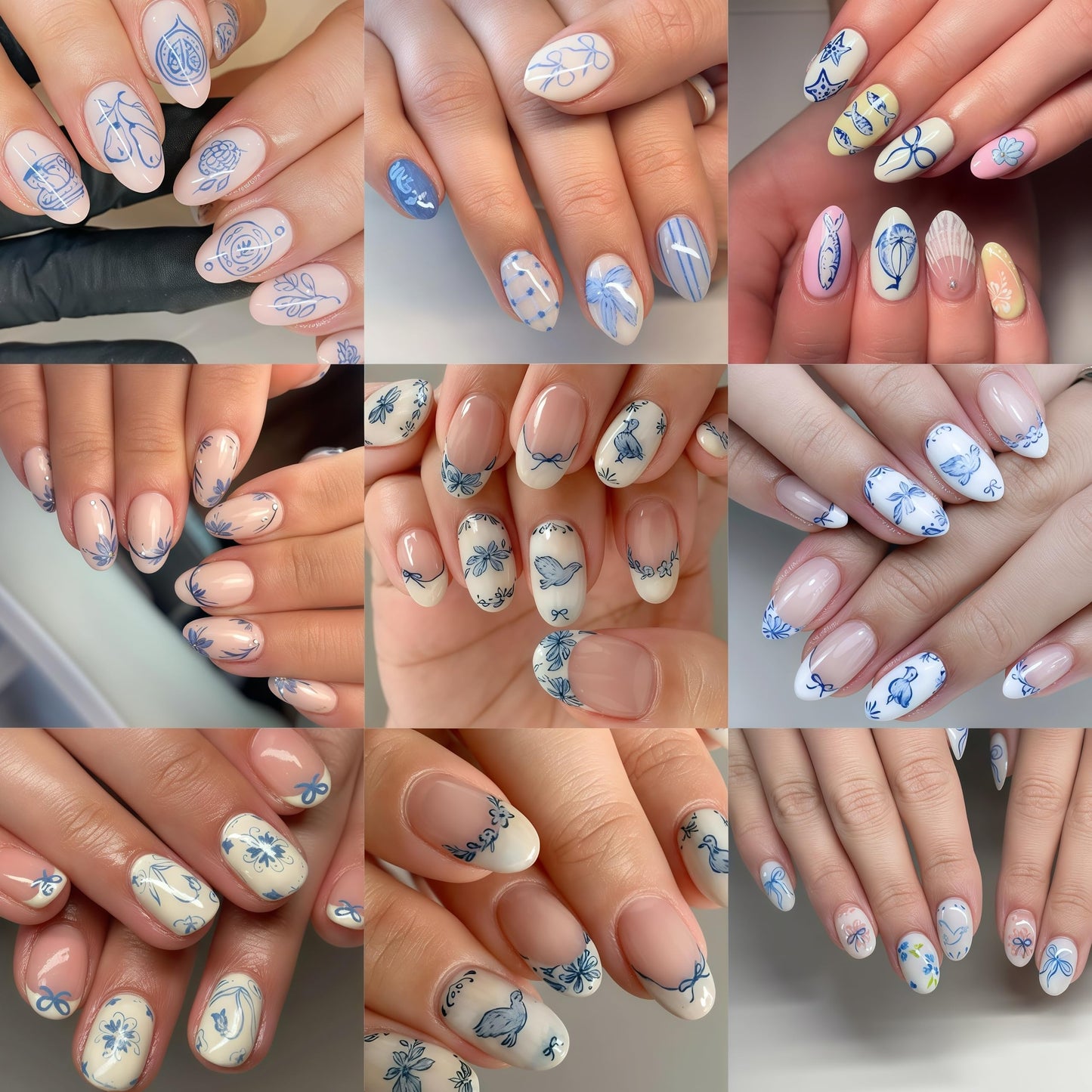 8Sheets Flower Nail Stickers for Nail Art Blue Bow French Line Nail Decals 3D Self-Adhesive Butterfly Leaf Floral Designs Nail Supplies Manicure Accessories for Spring Summer DIY Nails Art Decoration