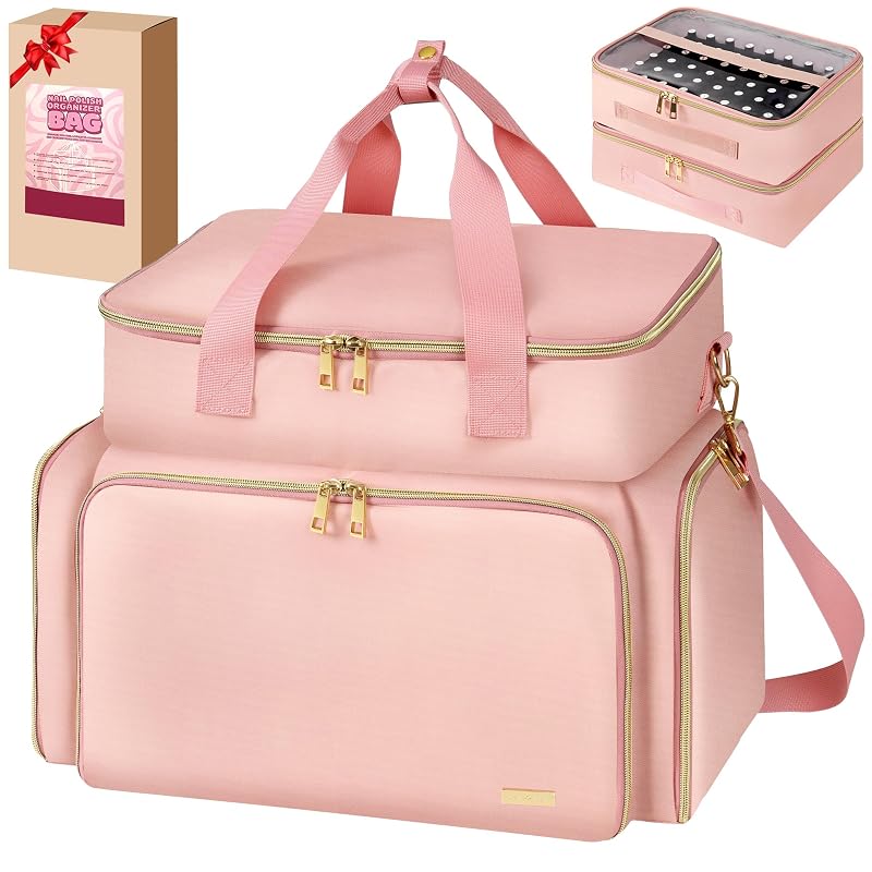 Derstuwe Nail Polish Organizer Case – 96 Bottle Capacity with Hard Bottom & Lamp Compartment (Pink)
