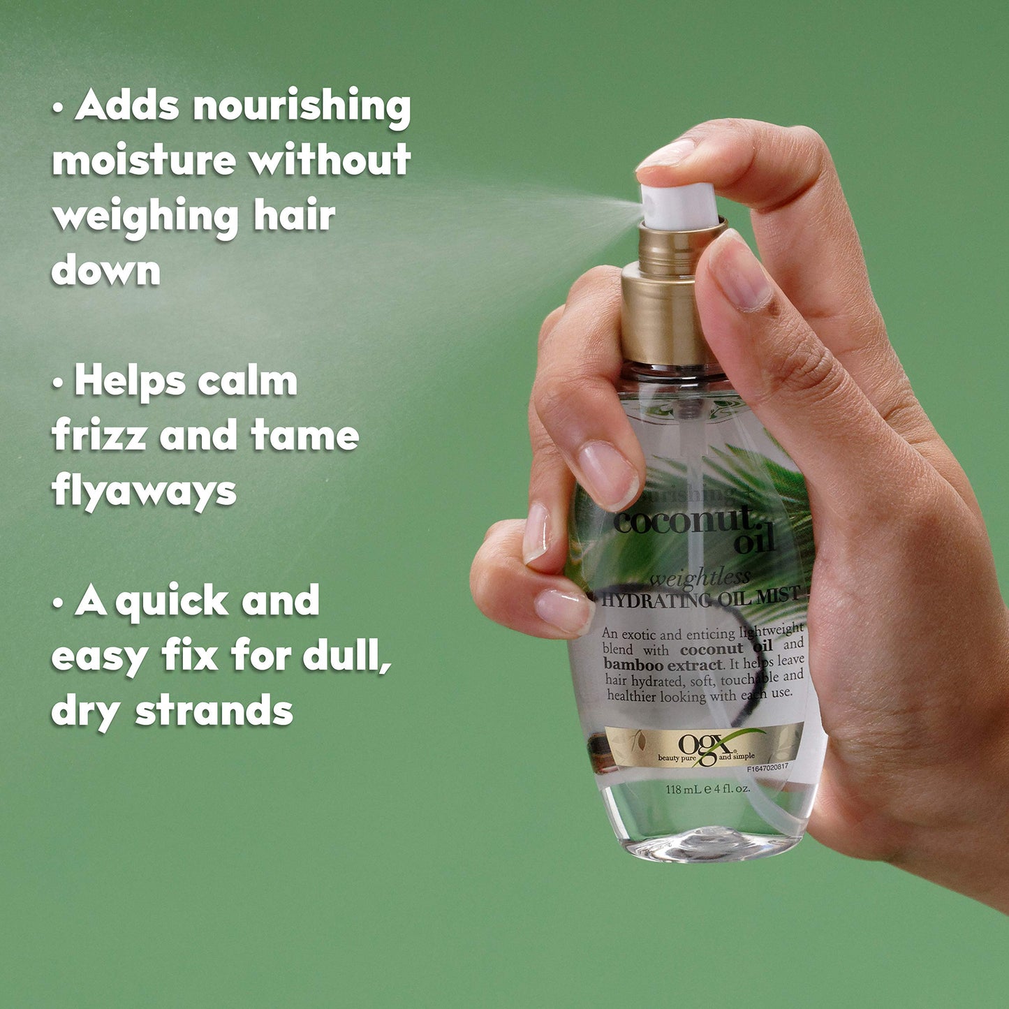 OGX Nourishing + Coconut Oil Weightless Hydrating Oil Hair Mist, Lightweight Leave-In Hair Treatment with Coconut Oil & Bamboo Extract, Paraben & Sulfate Surfactant-Free, 4 Fl Oz