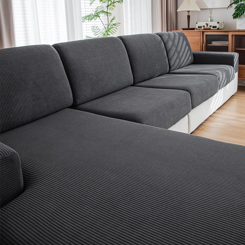 Couch Cushion Covers for L-Shaped Sofa 4Pcs Dark Gray Striped Pattern S+Chaise Cover