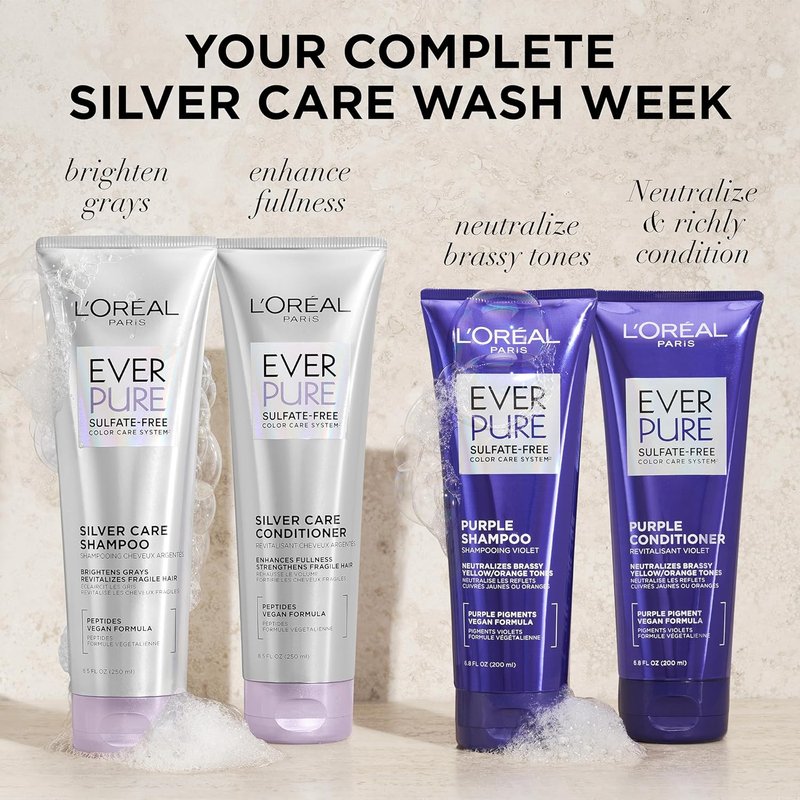 L'Oreal Paris EverPure Silver Care Sulfate Free Conditioner, Brightening and Nourishing Hair Care for Gray and Silver Hair, Vegan Formula with Peptides, 8.5 Fl Oz