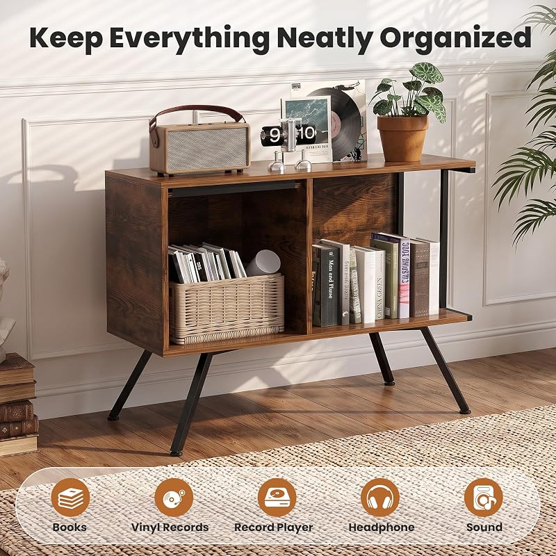 Flip Top Record Player Stand with 150-Album Capacity, Rustic Brown + 2-Tier (Variation)