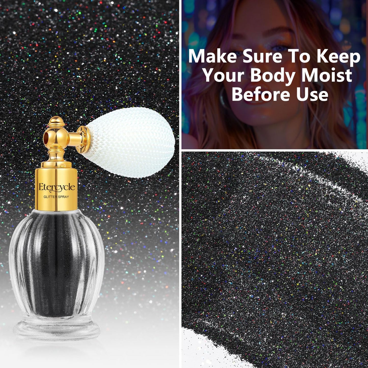 Etercycle Glitter Body Spray, Black Face Glitter for Women, Long-Lasting and Quick-Drying Shimmering Powder Extra Fine Glitter for Highlighter Makeup Festival Party Concert Rave Accessories