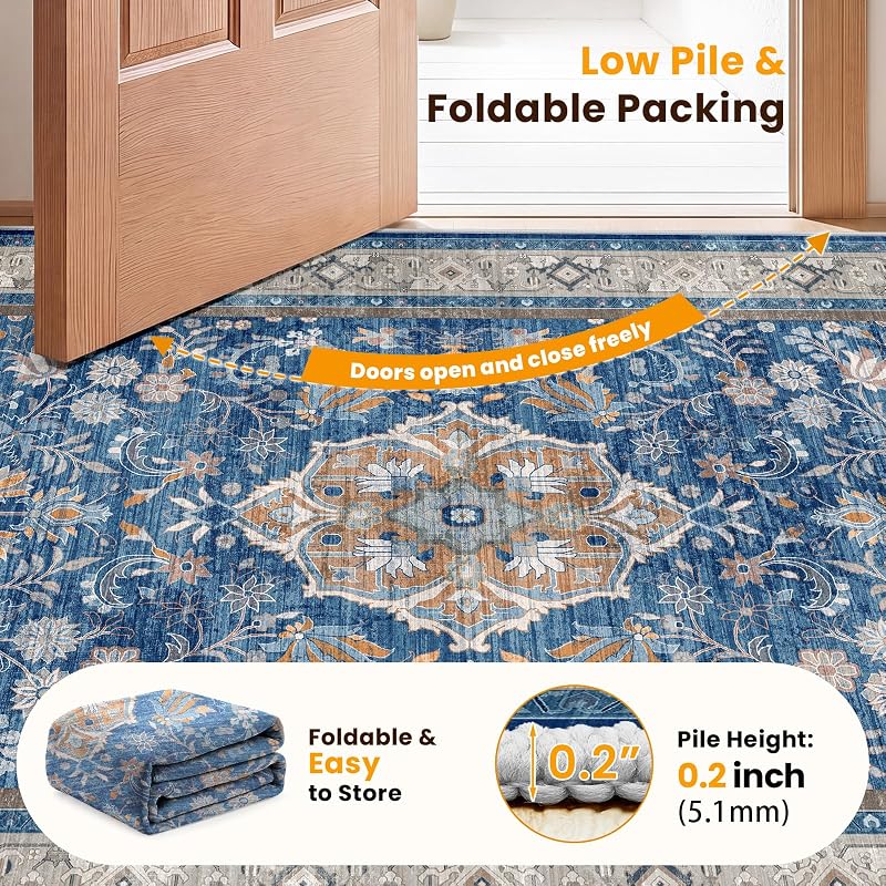 Blue 8x10 Area Rug - Vintage Distressed Persian Style, Machine Washable, Non-Slip Backing (Variation: Blue+8' x 10' Rectangular)