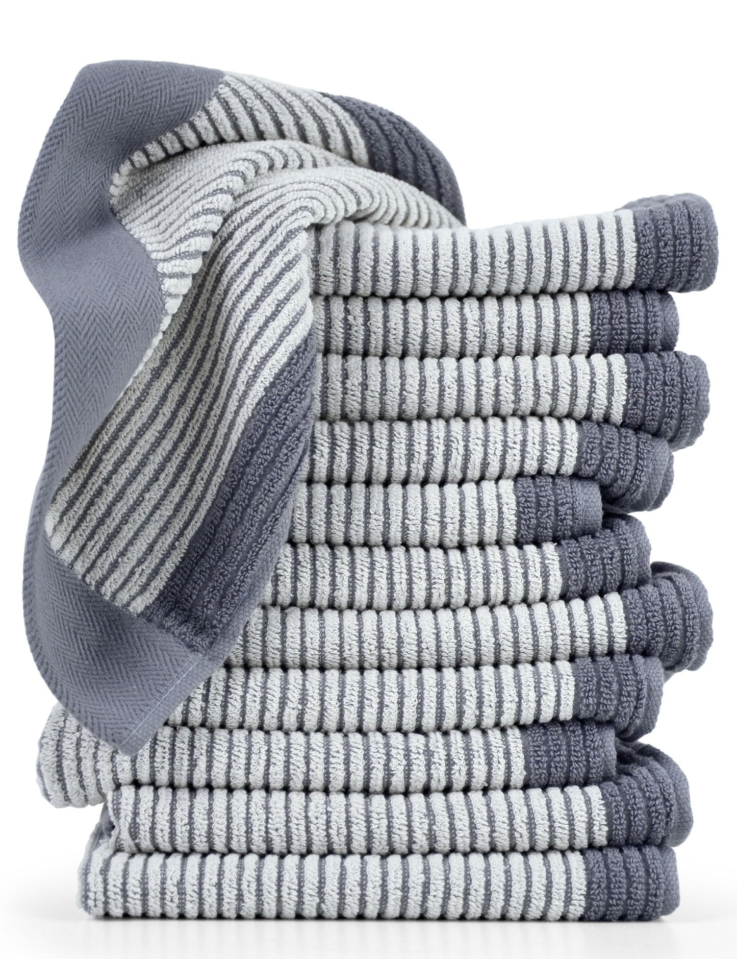 Cleanbear Wash Cloths for Showering, 12 Washcloths with Stylish Jacquard Weaved Design, Cotton Washcloth Set, 13 x 13 Inches, Gray