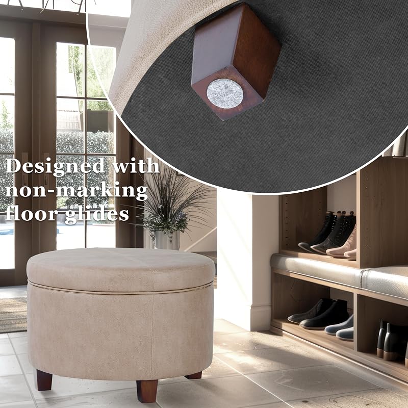 Storage Ottoman with Faux Leather - Round Taupe Brown, 17x24, Lift-Top