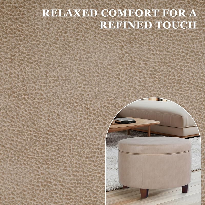 Storage Ottoman with Faux Leather - Round Taupe Brown, 17x24, Lift-Top