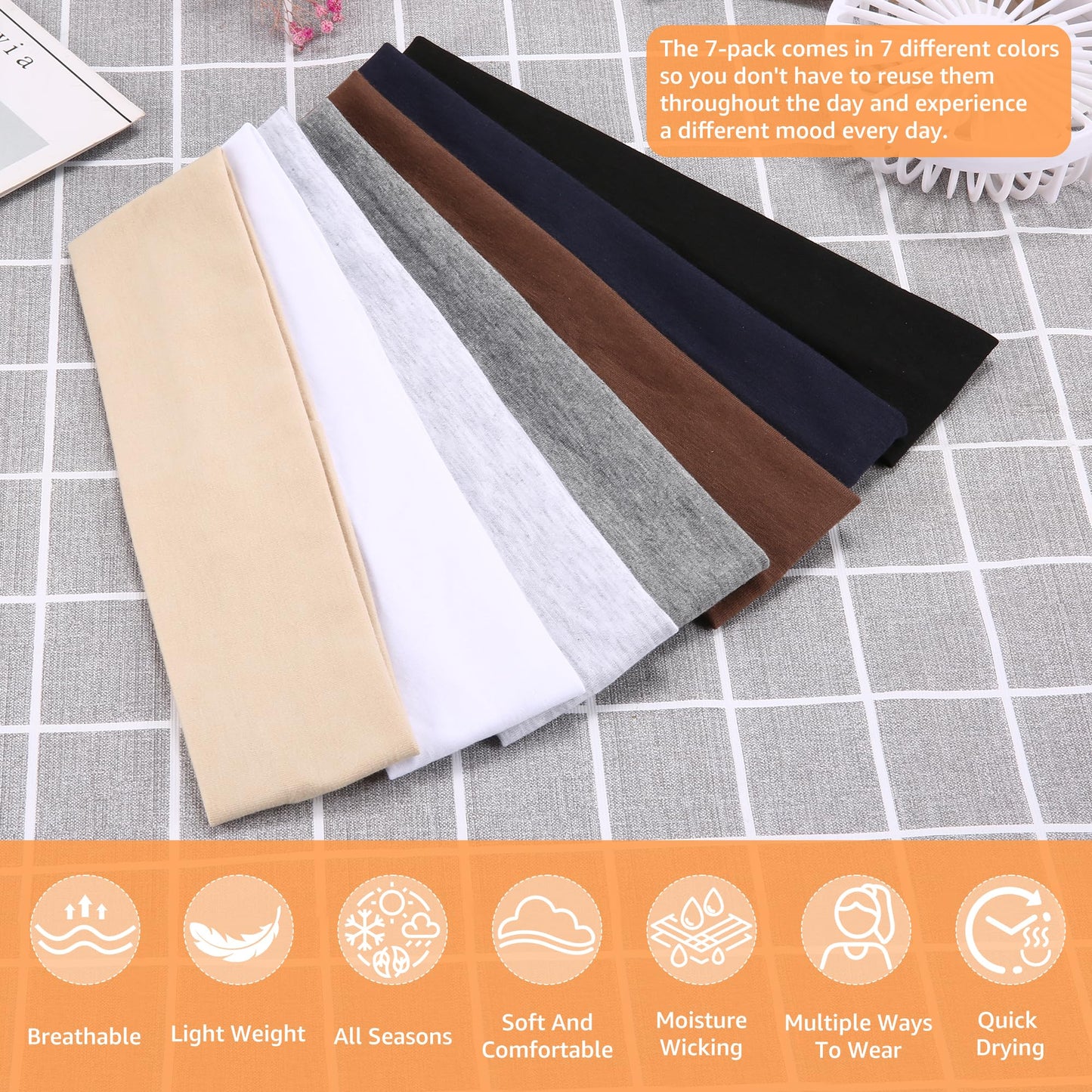 DiyJibb Headbands for Women Non Slip - 7PCS Fashion Sports Hair Bands for Women's Hair, Soft Cotton Cloth Stretchy Headbands for Women for Workout Yoga Running