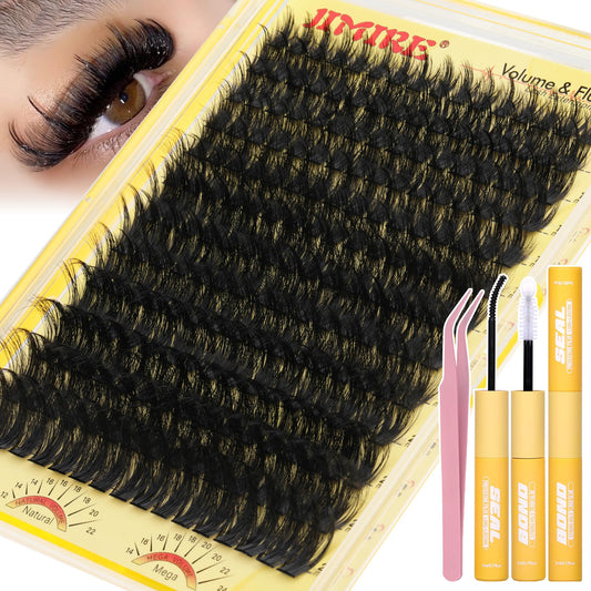 JIMIRE Thick Lash Clusters Kit 12-24MM 200D Volume Cluster Eyelash Extensions Kit with Lash Bond and Seal D Curly Long Eyelash Clusters Kit Easy to Use Beginners Friendly