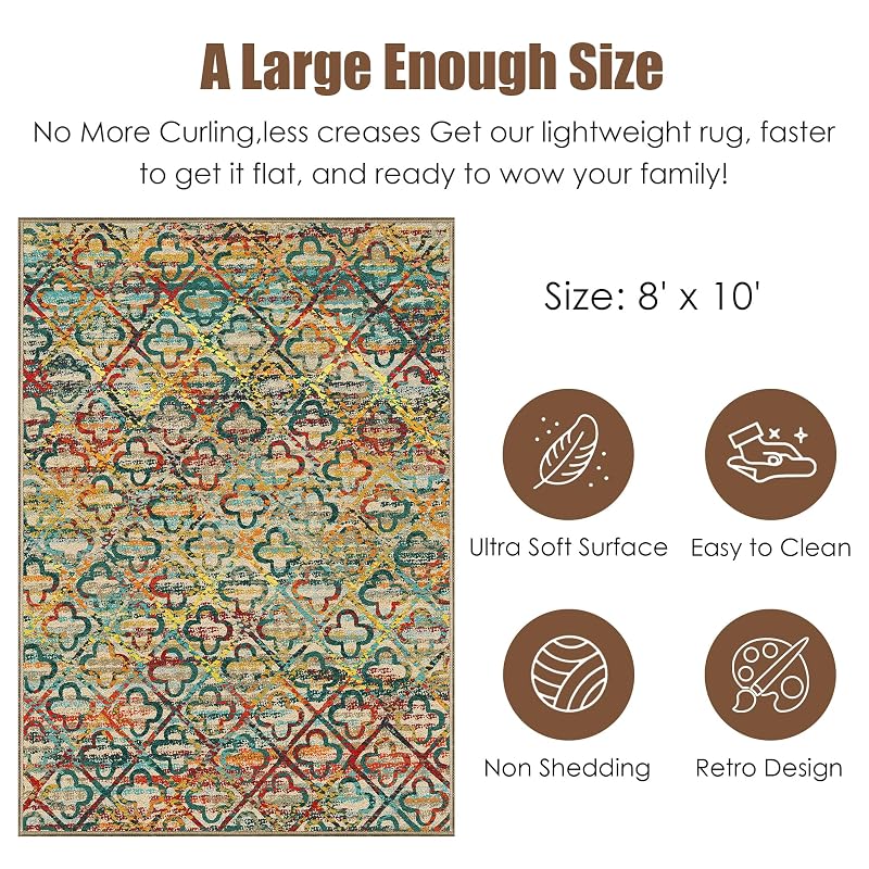 Grass Multicolor 8' x 10' Bohemian Washable Area Rug - Non-Slip, Stain-Resistant