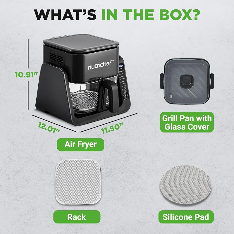 NutriChef 4 Qt Air Fryer & Grill - 1500W, 7-In-1, Double-Decker Glass Pot 4L, Black