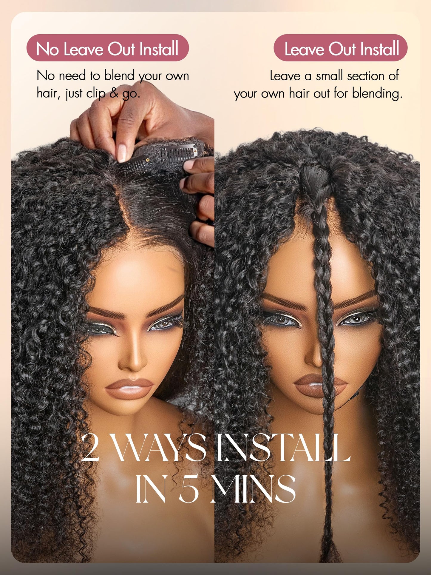 LUVME HAIR V Part Wig Human Hair Drawstring Wig Kinky Curly Half Wig 20 inch U Part 100% Real Human Hair Glueless None Lace Wigs Virgin Hair Machine Made Wigs 200 Density Natural Color