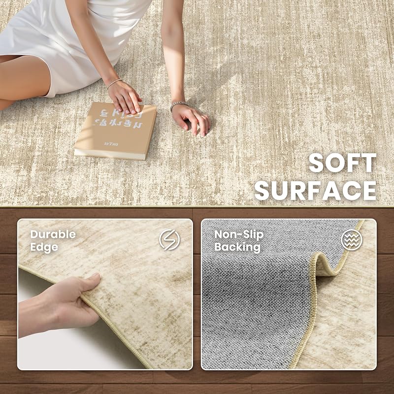 Beige Brown 8x10 Area Rug - Modern Abstract Washable, Non-Slip Backing