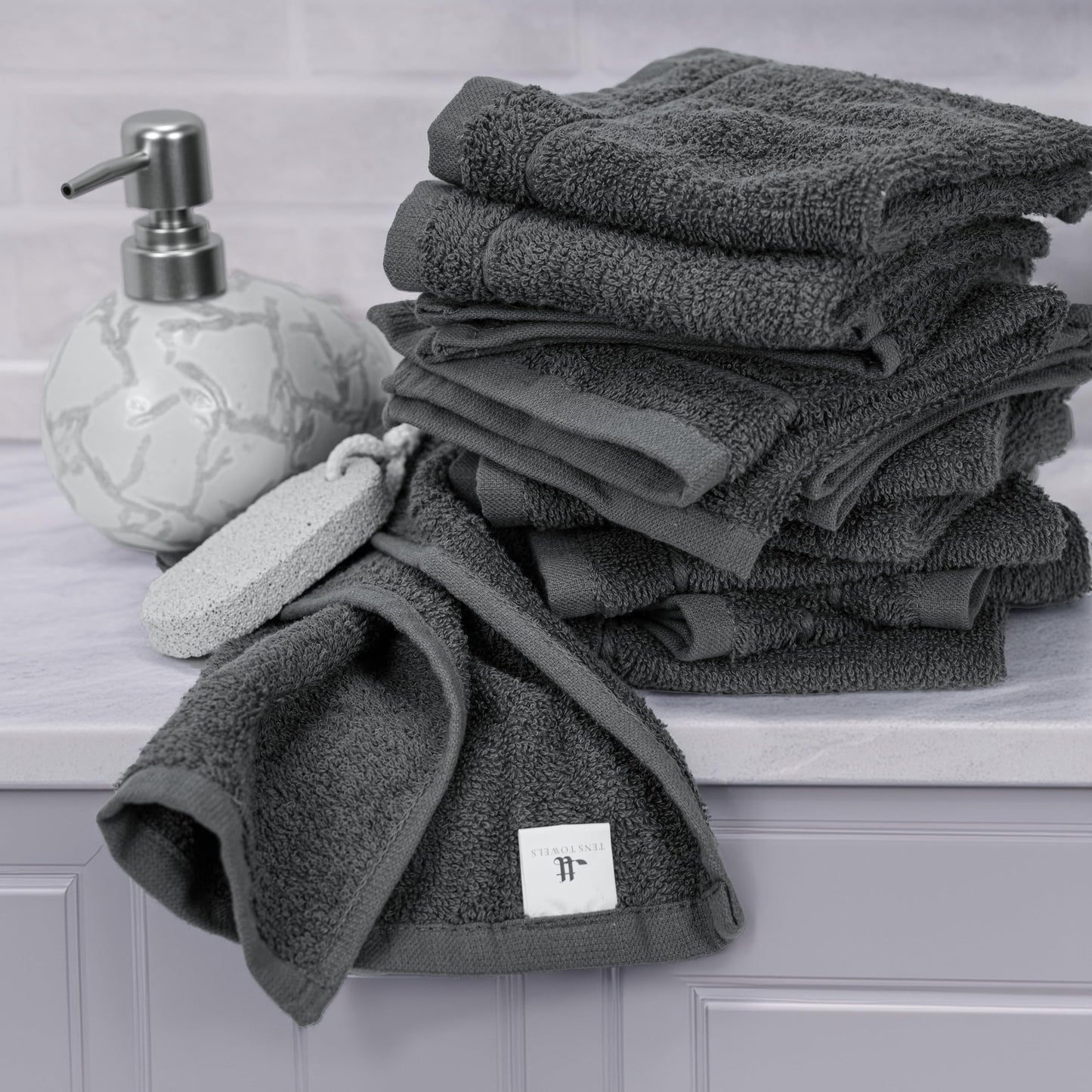 Tens Towels Pack of 60 Washcloths, 12 x 12 Inches, Lighter Weight, Quick to Dry, Super Soft & Absorbent, Gentle Face Towels, Hotel Quality, Perfect for Bathroom, Gym, Spa, Dark Grey