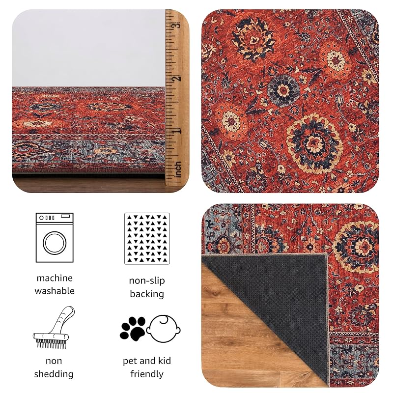 Red / Turquoise Blue 4' x 6' Vintage Washable Area Rug with Non-Slip Backing