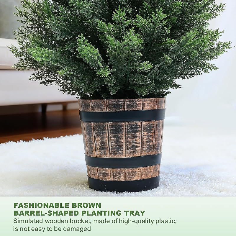 4FT Set of Artificial Cedar Topiary Trees in Barrel Planter – Outdoor/Indoor Faux Pine Shrubs