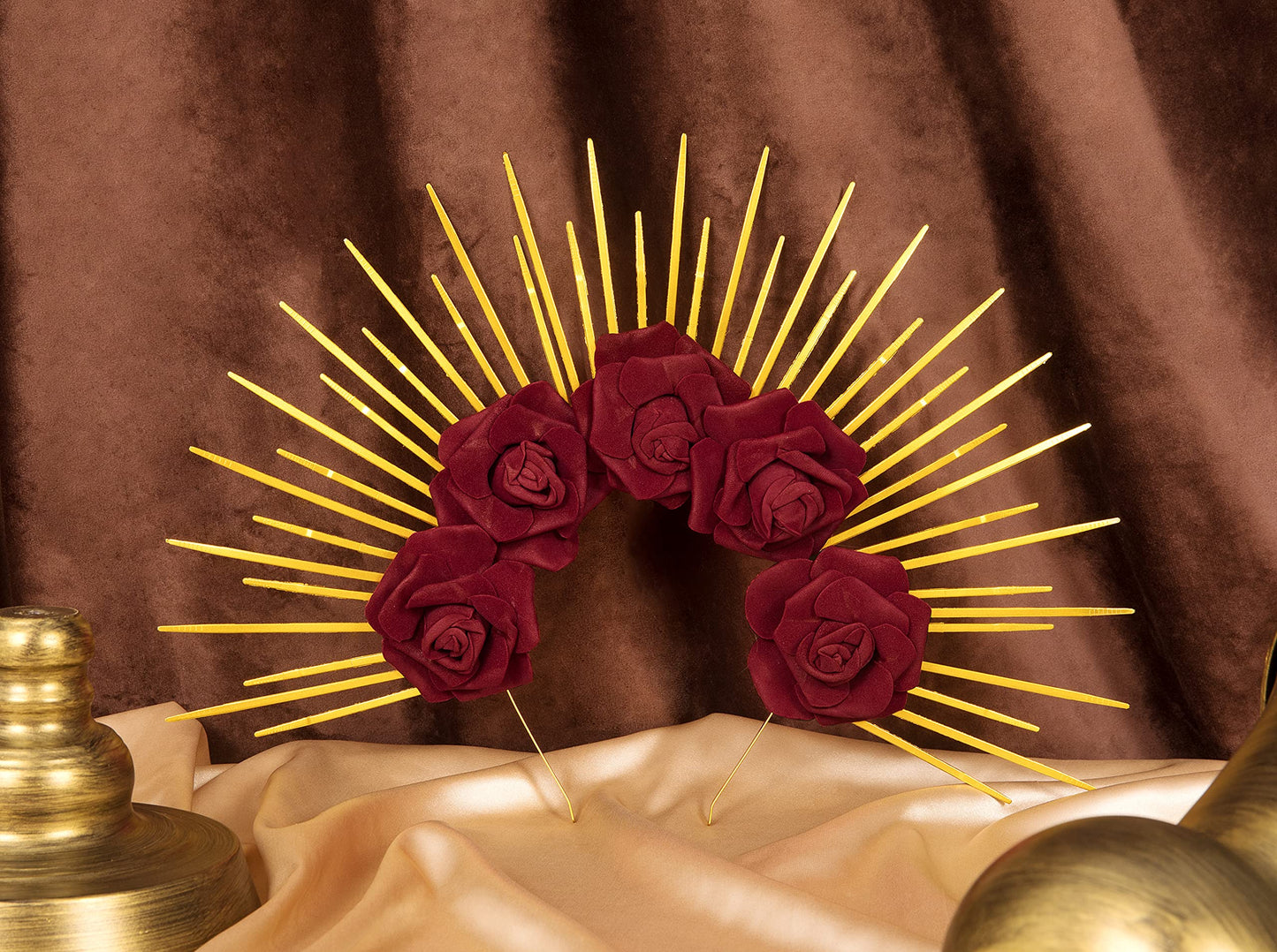 Fantherin Halo Crown with Roses Womens Mexican Flower Goddess Rose Spiked Sun Headpiece for Cosplay Halloween Costume