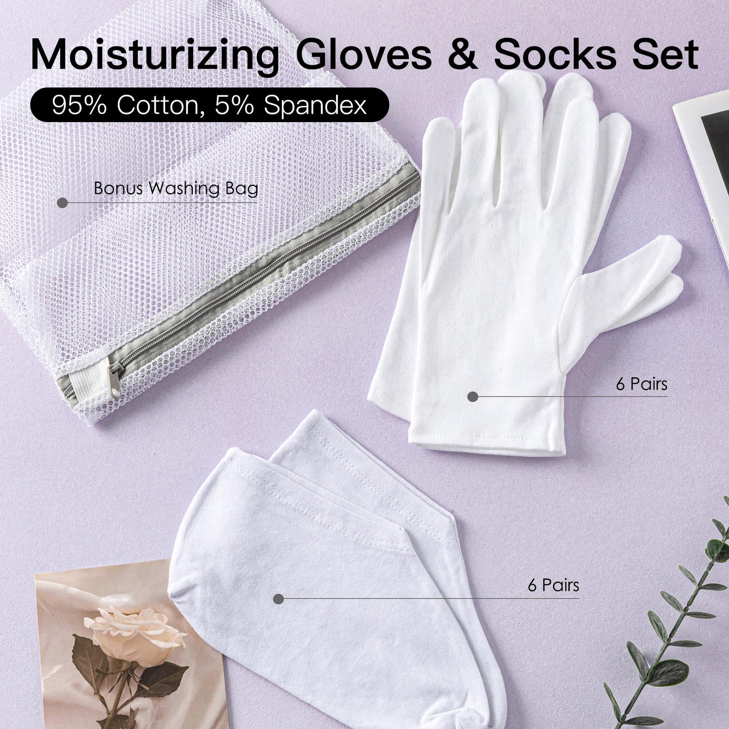 BESSLEE 12 Pairs Cotton Moisturizing Gloves and Socks Set (1 Washing Bag Included), Dry Hands Feet Overnight Lotion SPA Treatment, Eczema Skin Friendly, Breathable and Soft Glove Liners for Summer