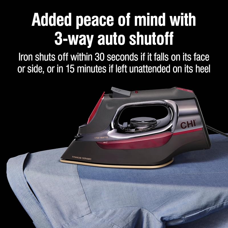 CHI 1700W Steam Iron for Clothes with Titanium-Infused Ceramic Soleplate - Retractable Cord, Black & Titanium