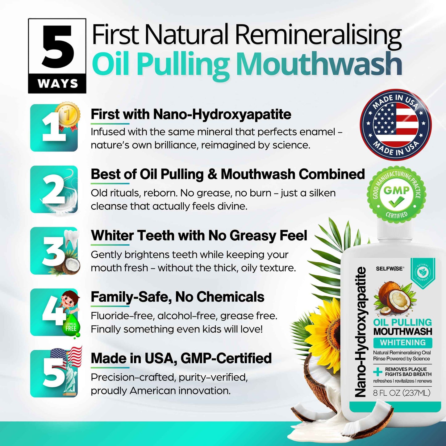 Nano-Hydroxyapatite Oil Pulling Whitening Mouthwash for Teeth and Gums, Natural & Organic, Whitens Teeth, Strengthens Enamel, Fights Bad Breath & Plaque – Smooth & Non-Greasy – for Adults & Kids 8oz