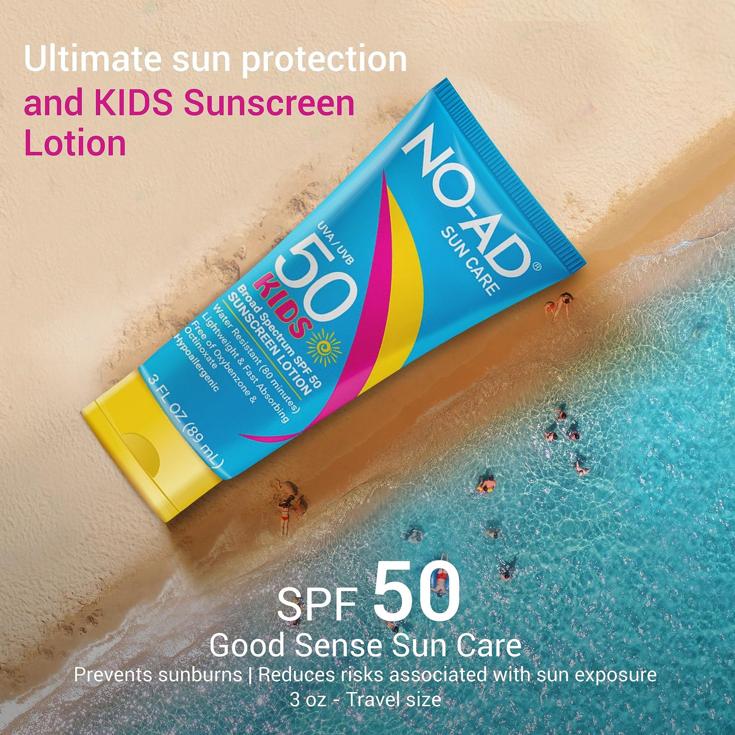 NO-AD KIDS SPF 50 Sunscreen Lotion | Non-Greasy and Waterproof Sunscreen | Suitable for All Skin Types | Broad Spectrum Protection for Active Lifestyles | 3 oz | Pack of 3