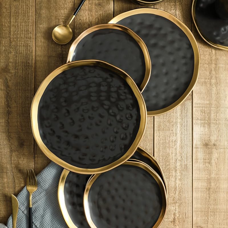 Stone Lain Florian Black & Gold 16-Piece Porcelain Dinnerware Set for 4 - Includes Plates, Bowls & Mugs