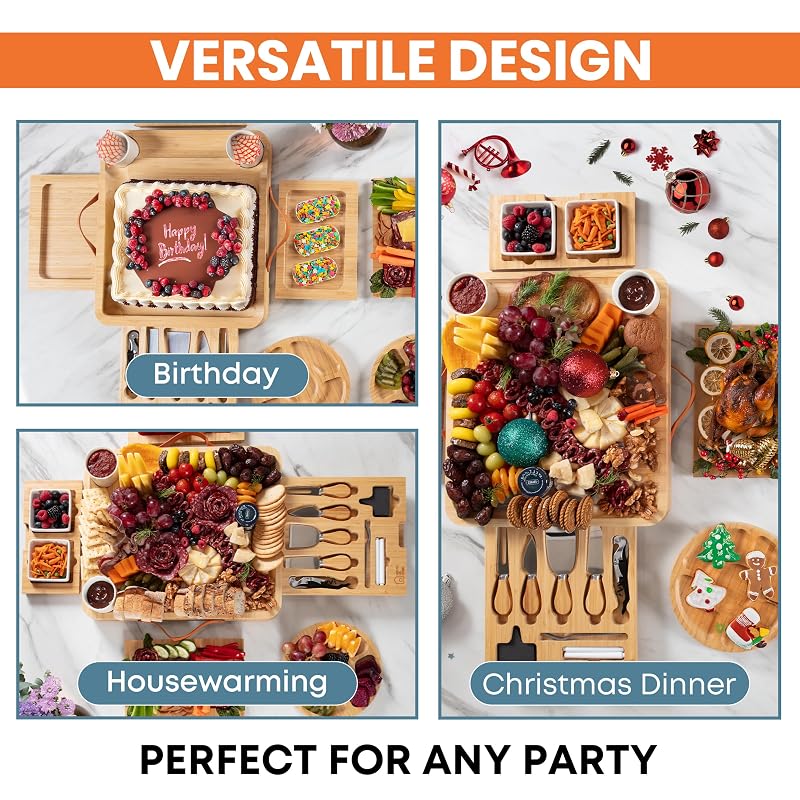 Bamboo Charcuterie Board Gift Set with Hidden Drawers, Knives & Bowls – Large Cheese Board for Entertaining