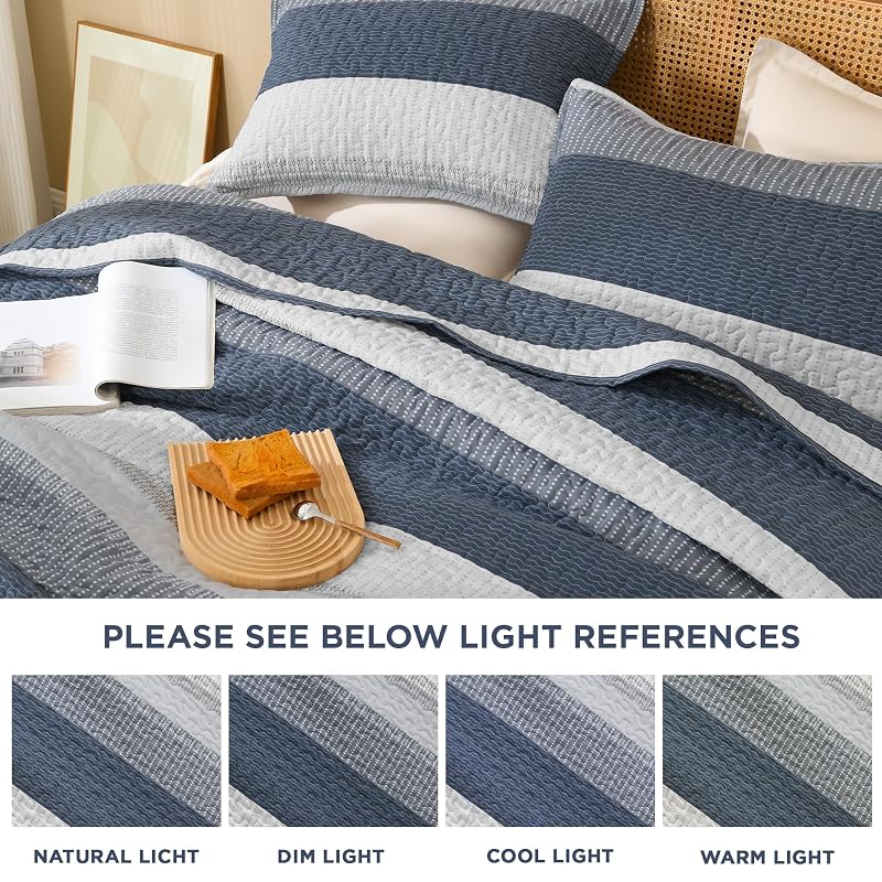 Litanika Super King Quilt Set Navy Blue Stripes - 3 Pcs 120" x 120" 2 Pillowcases (Variation 05)