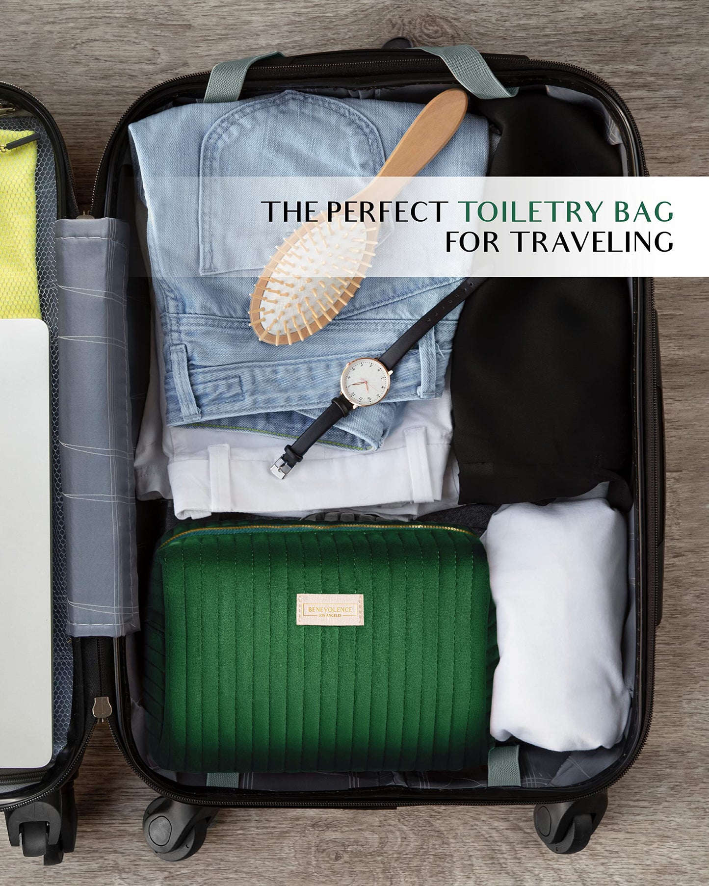 Benevolence LA Plush Velvet Large Makeup Bag for Travel | Cosmetic Pouch, Toiletry Organizer for Women, Large Capacity Bag for Accessories, Quilted Purse - Emerald Green