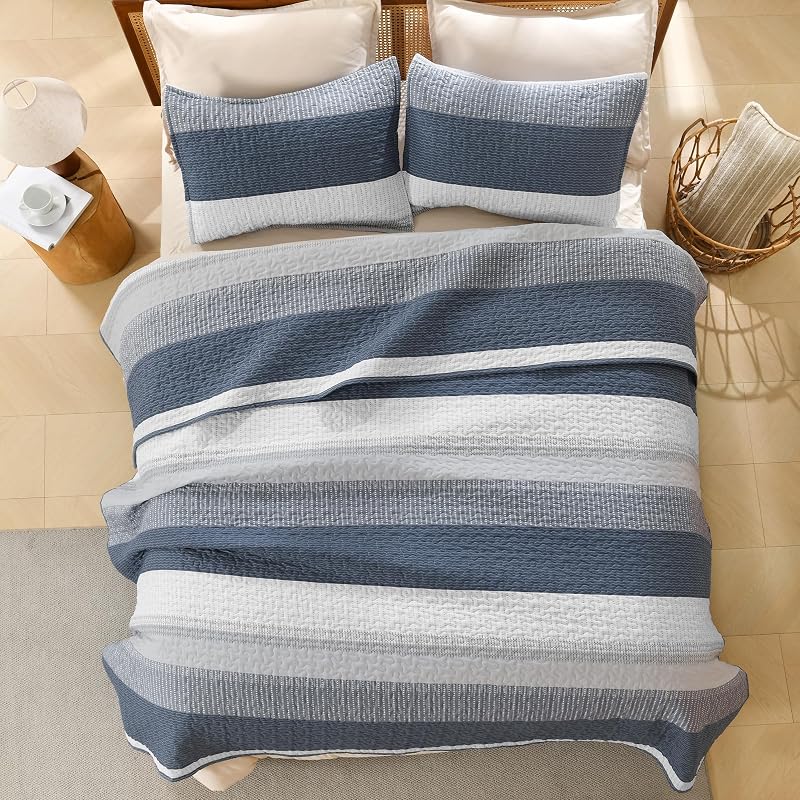 Litanika Super King Quilt Set Navy Blue Stripes - 3 Pcs 120" x 120" 2 Pillowcases (Variation 05)