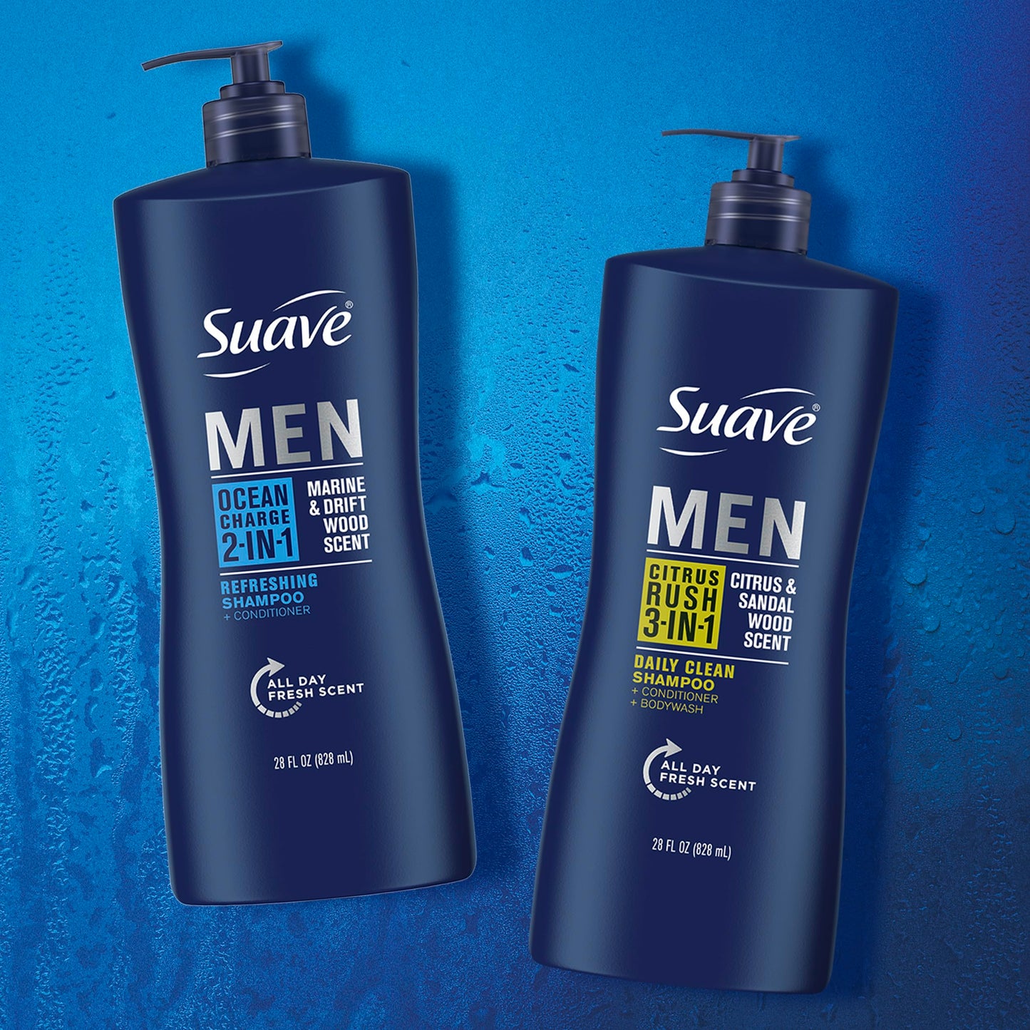 Suave Body Wash, Shampoo & Conditioner 3-in-1, Citrus Rush for Men, Travel Size + Shampoo and Conditioner 2-in-1, Ocean Charge for Men, Full Size, Twin Pack (3 Piece Set)