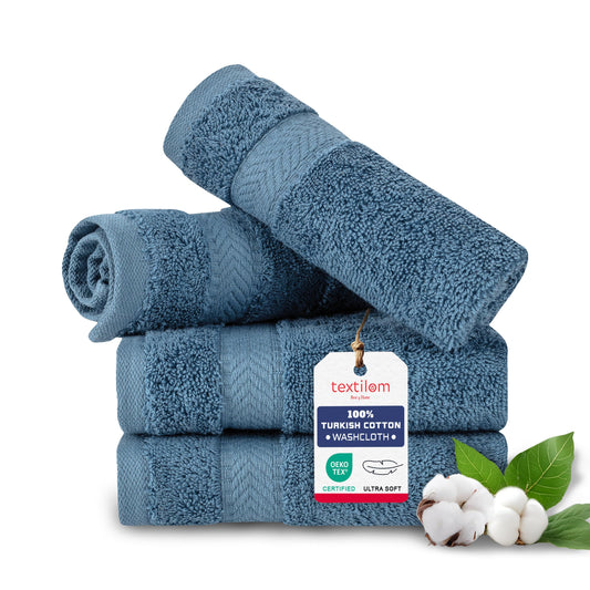 TEXTILOM Washcloths for Body and Face – Hotel and Spa Quality & Soft & Absorbent & Quick Dry Wash Cloths for Your Body – 100% Turkish Cotton Wash Clothes Towel Set of 4 (13 x 13 inches) - Blue