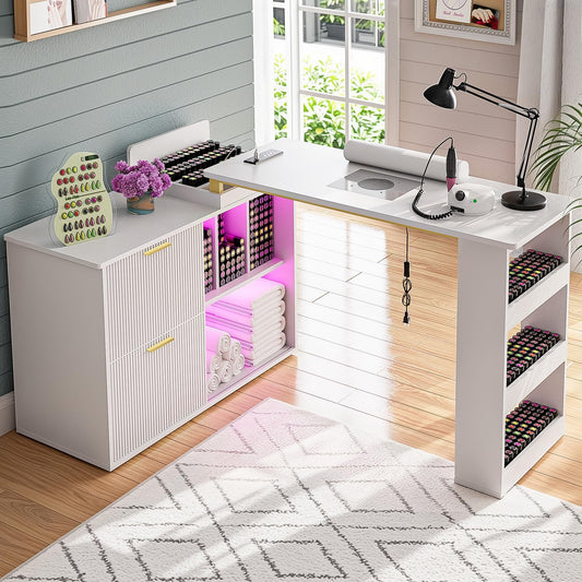 Manicure Table with LED Light, L-Shaped Nail Tech Table w/ Dust Collector & Power Outlets, Corner Nail Station Length Adjustable Nail Desk w/ Sliding Cabinet Door for Home Spa Beauty Salon, White