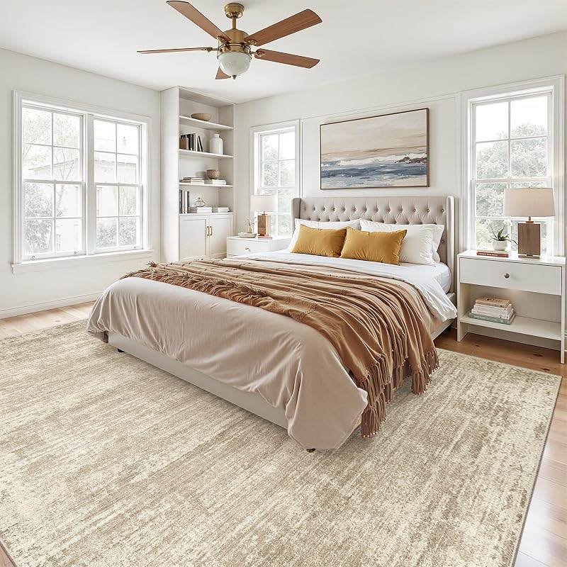 Beige Brown 8x10 Area Rug - Modern Abstract Washable, Non-Slip Backing