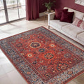 Red / Turquoise Blue 4' x 6' Vintage Washable Area Rug with Non-Slip Backing