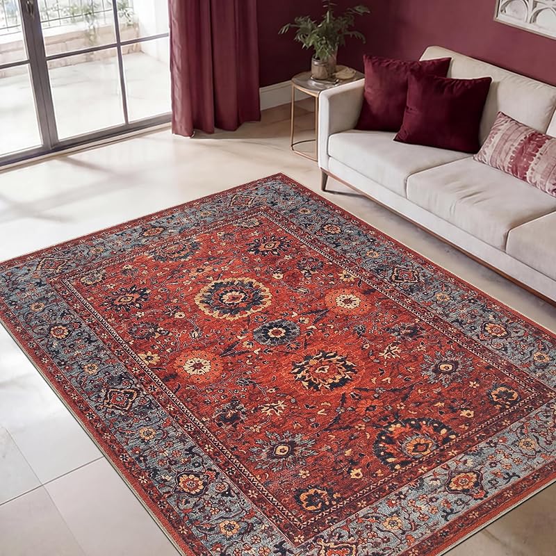 Red / Turquoise Blue 4' x 6' Vintage Washable Area Rug with Non-Slip Backing