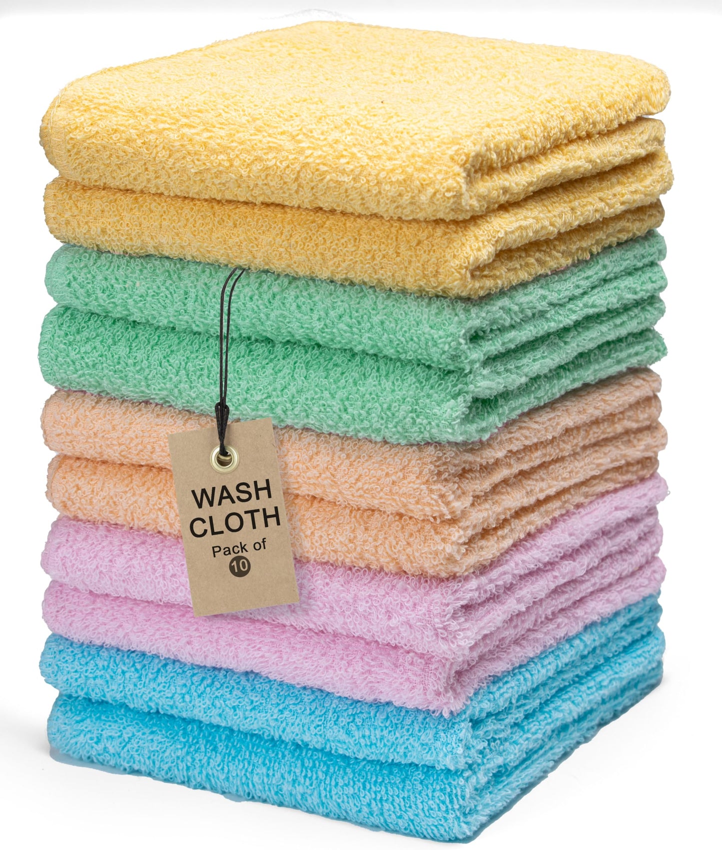 Textila Terry Washcloths – 12x12 Inches – Pack of 10 – Multicolor – Highly Absorbent, Soft Feel and Multipurpose Cotton Wash Cloths for Everyday Use