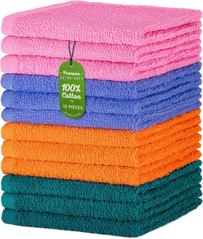 DecorRack 10 Pack 100% Cotton Wash Cloth, Luxurious Soft, 12 x 12 inch Ultra Absorbent, Machine Washable Washcloths, Assorted Colors (10 Pack)
