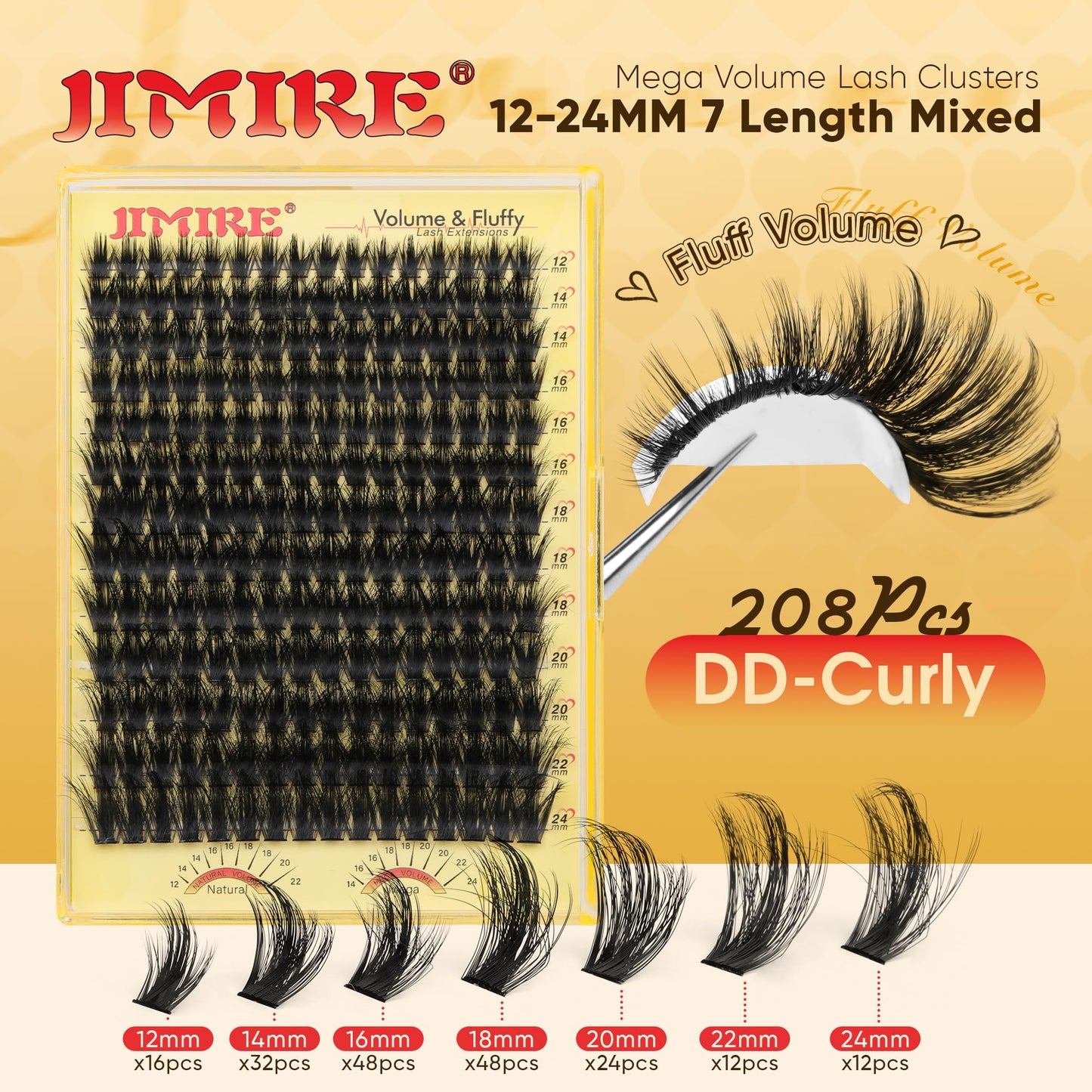 JIMIRE Thick Lash Clusters Kit 12-24MM 200D Volume Cluster Eyelash Extensions Kit with Lash Bond and Seal D Curly Long Eyelash Clusters Kit Easy to Use Beginners Friendly
