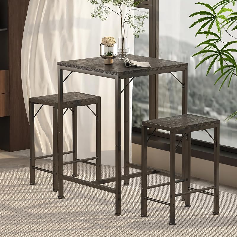 Homeiju Black Bar Table & 2 Stools Set – 23.6” Square, Space-Saving Pub Set