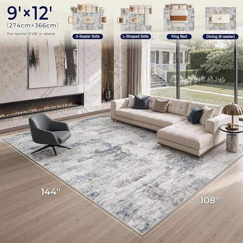 Grey-Blue 9x12 Area Rug - Machine Washable Abstract Living Room Carpet