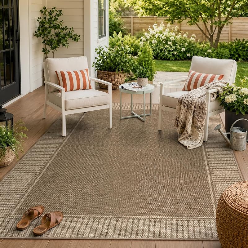 Brown 5' x 7' Jute-Inspired Indoor/Outdoor Rug - Striped Border, Non-Slip Backing