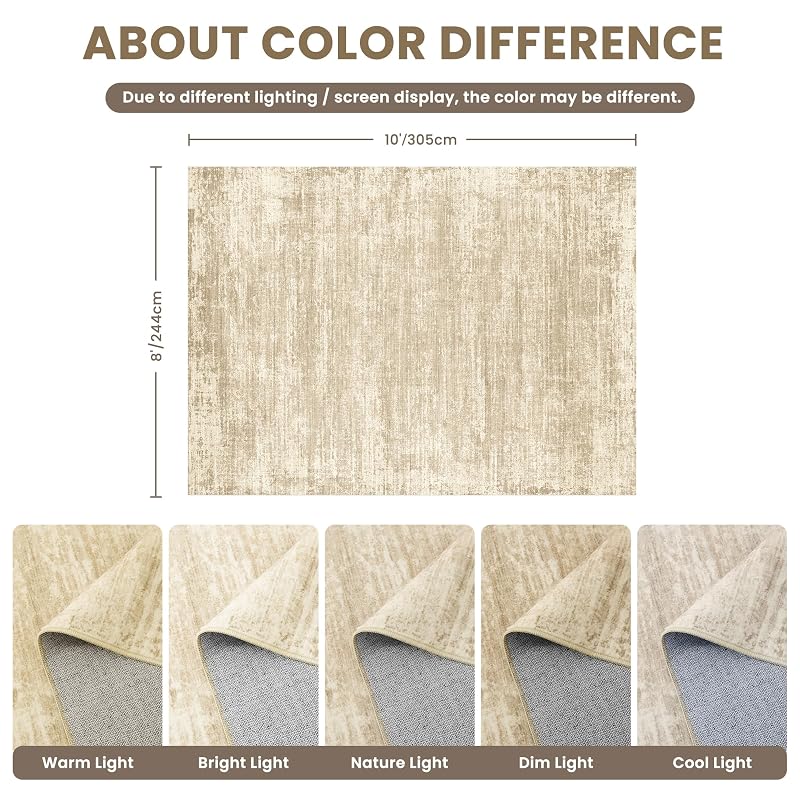 Beige Brown 8x10 Area Rug - Modern Abstract Washable, Non-Slip Backing