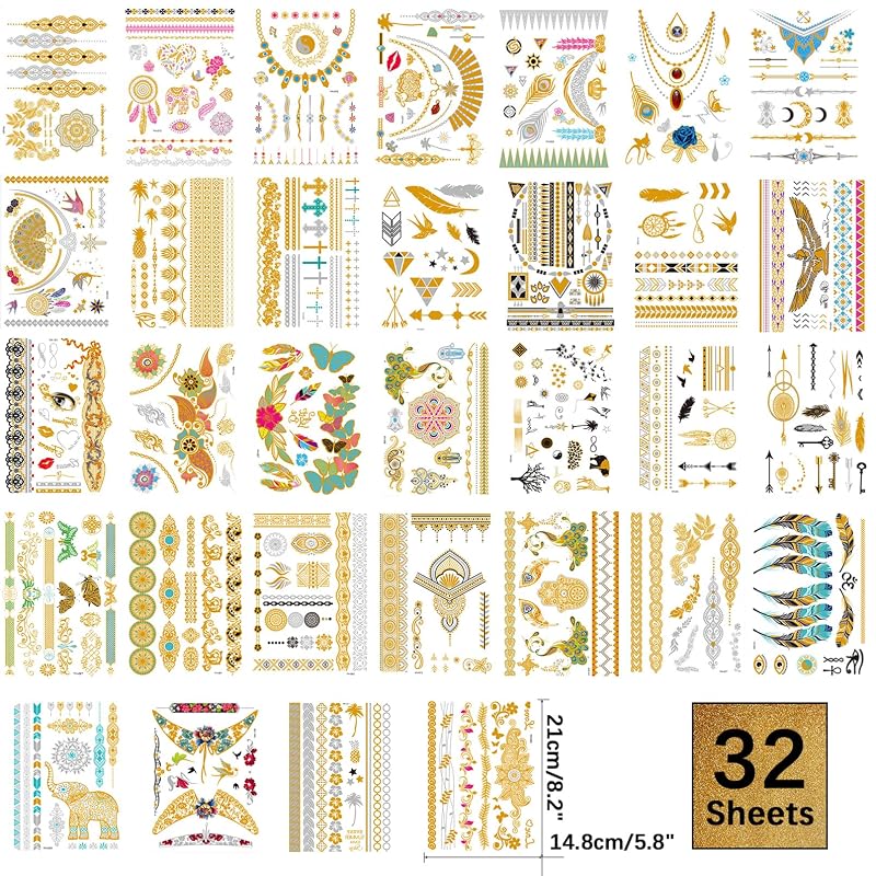 Gold & Silver Temporary Tattoos 32 Sheets – Waterproof Metallic Body Art Set