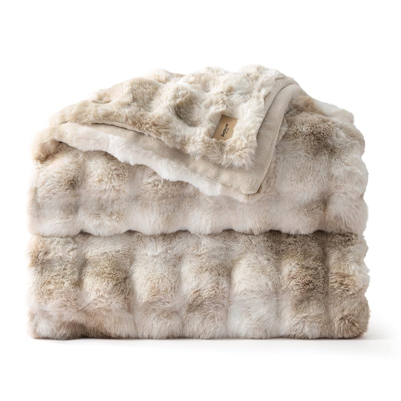 Bedsure Tie-Dye Taupe Fluffy Bubble Faux Fur Blanket Queen 90x90