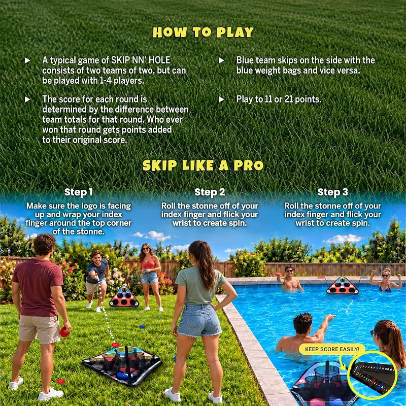 Skip N' Hole Floating Pool Cornhole Game Set (2 Targets) – Waterproof Stonne Skipping Toy