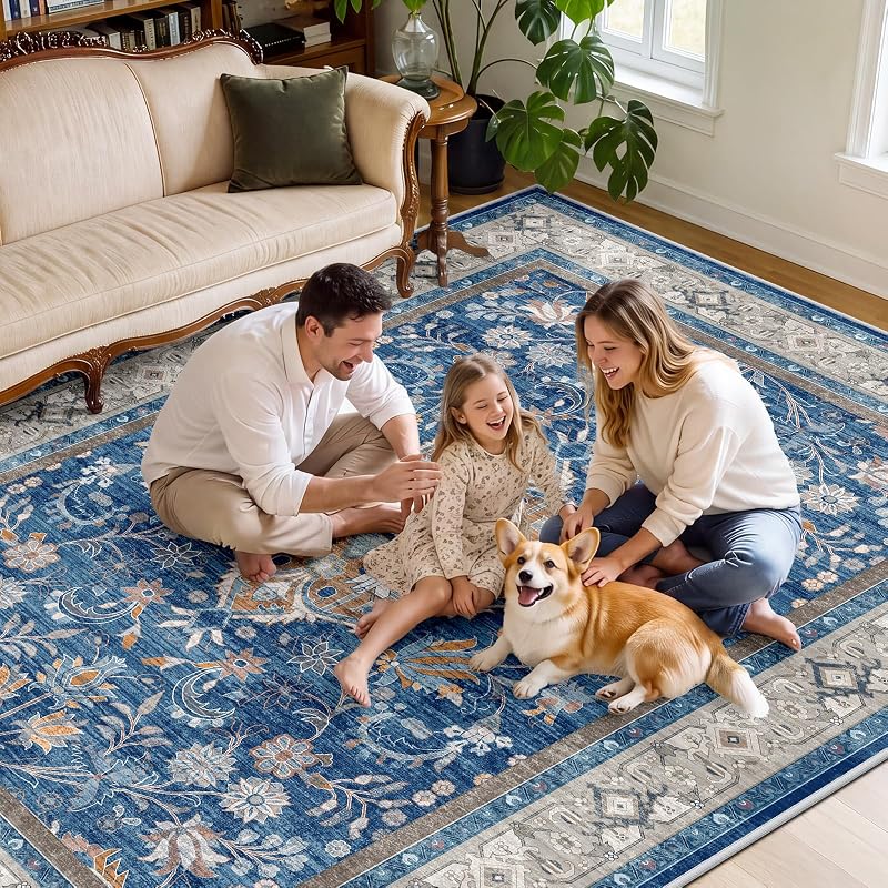 Blue 8x10 Area Rug - Vintage Distressed Persian Style, Machine Washable, Non-Slip Backing (Variation: Blue+8' x 10' Rectangular)